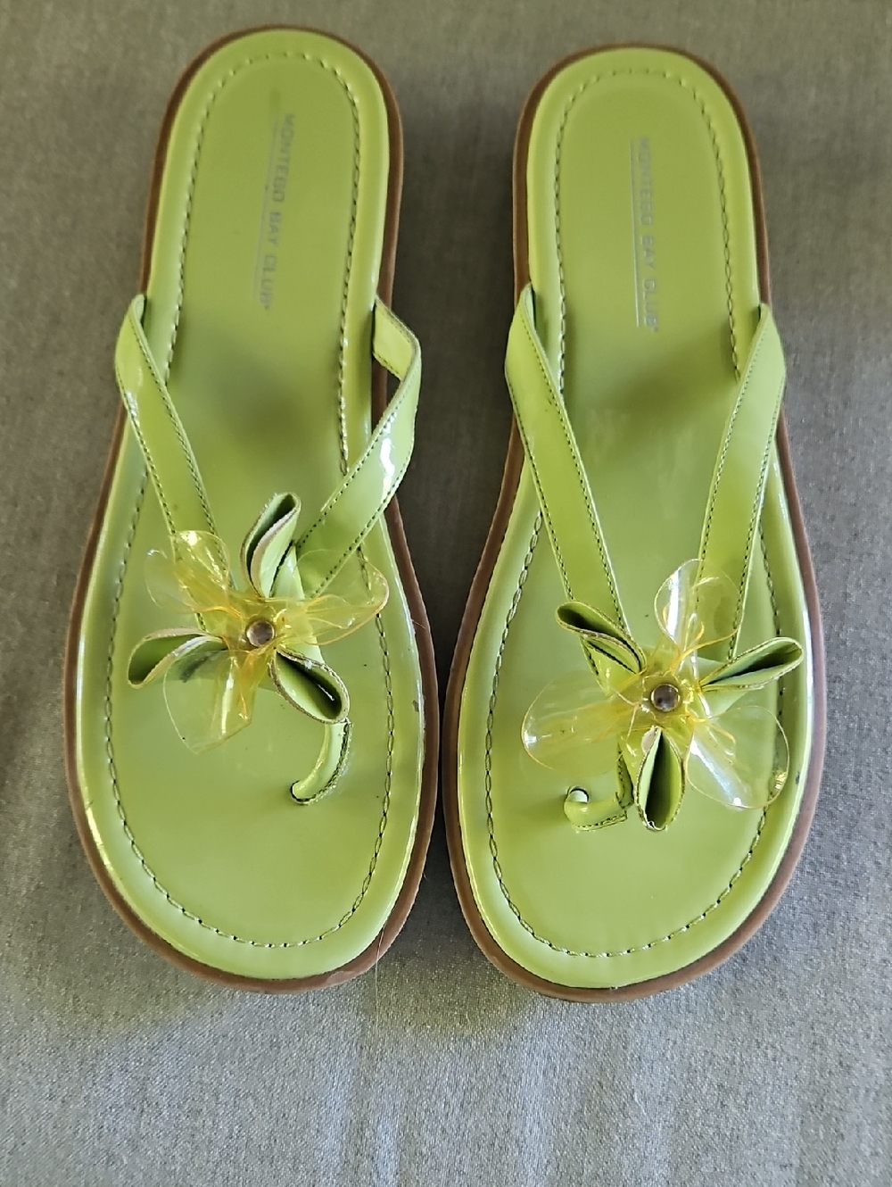 Montego Bay Green Floral Patent Leather Thong Sandals - Women 9 1/2